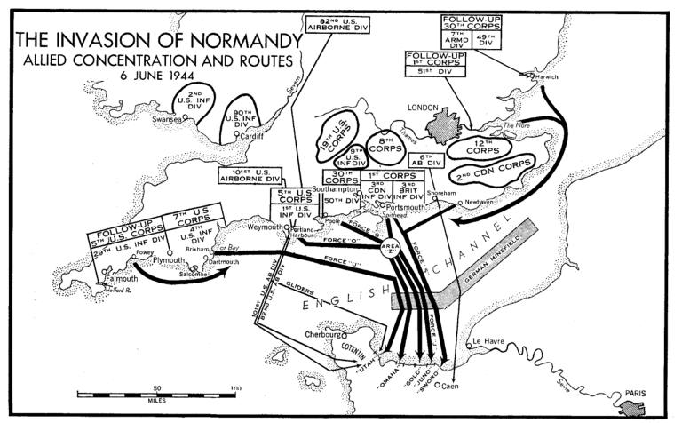 Map of Allied concentration and routes - June 6, 1944.