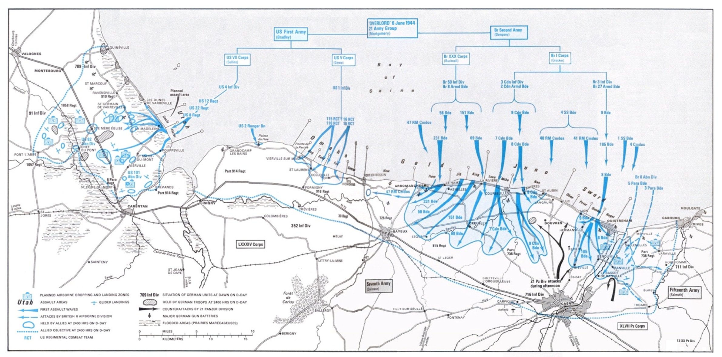 Map of Operation Overlord - June 6, 1944, showing Utah, Omaha, Gold, Juno and Sword beaches.