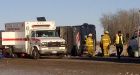 Passenger bus rolls near Redwater, Alberta